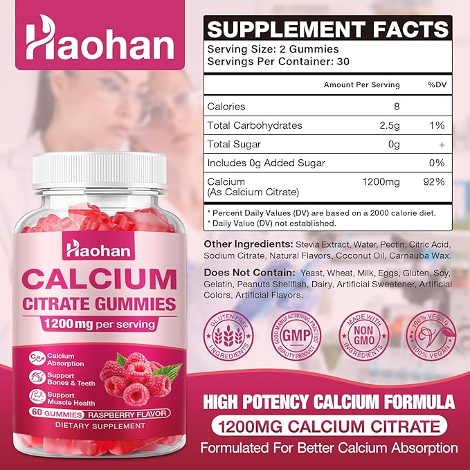 Calcium Citrate Gummies 1200mg - Sugar-Free Chewable Supplement for Women &amp Men with Bone Muscle &amp Immune Support - Raspberry Flavor 120 Count