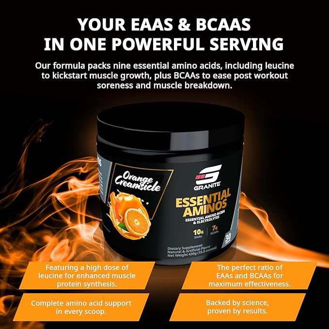 Granite Essential Amino Acids Powder for Muscle Recovery and Growth with 10g EAAs and 7g BCAAs - Soy-Free Gluten-Free 448g (30 Servings) Orange Creamsicle Flavor
