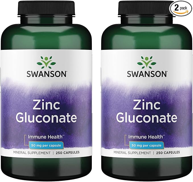 Swanson Zinc Gluconate - Mineral Supplement Promoting Prostate Health Vision Health &amp Immune Support - Gluconate Form for Optimal Absorption - (250 Capsules 50mg Each) (2 Pack)