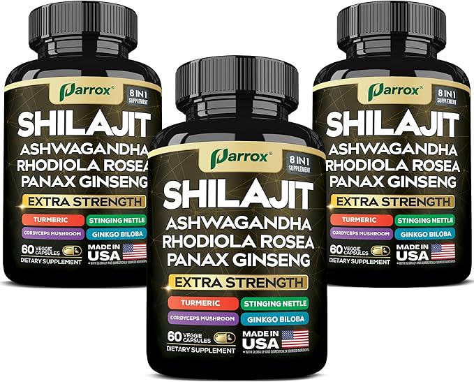 Shilajit Supplement Panax Ginseng Ashwagandha Rhodiola Rosea Cordyceps Mushroom Stinging Nettle Turmeric Gingko Biloba – Pure Shilajit All In One Supplements for Men and Women (180 Caps)