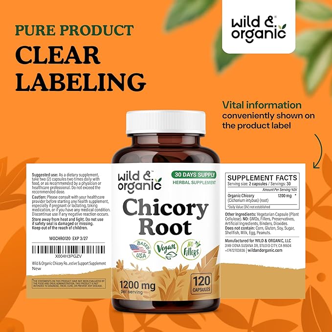 Wild &amp Organic Chicory Root Fiber Capsules - 1200 mg of Chicory Root Powder per Serving - Digestive &amp Gut Support - Inulin Prebiotic Fiber Supplement - Non-GMO Vegan Inulin Capsules - 120 Cou