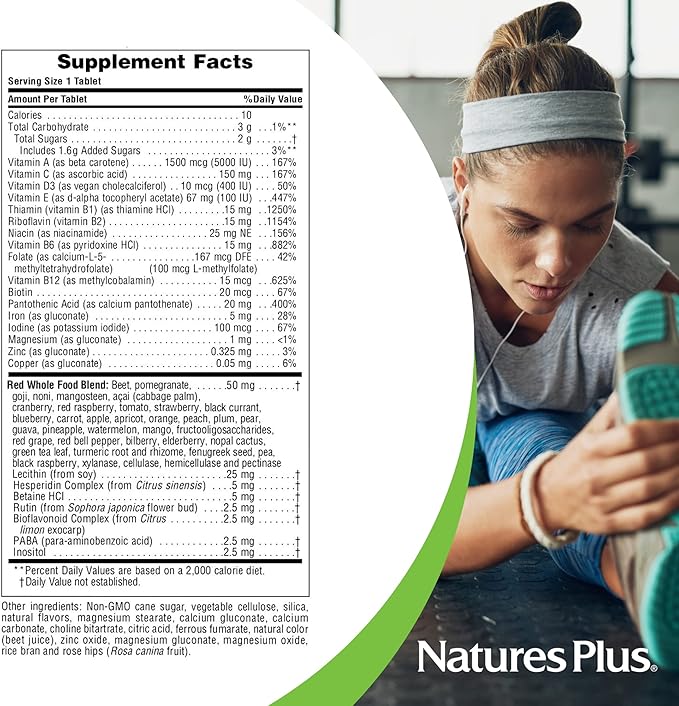 NaturesPlus Adult's Chewable - 60 Tablets Exotic Red Berry Flavor - Multivitamin &amp Mineral - Vegetarian Gluten Free - 60 Servings