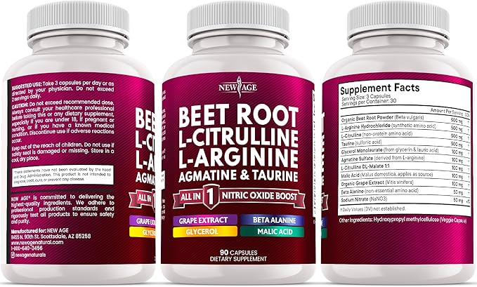 NEW AGE Beet Root Capsules - L Arginine L Citrulline Nitric Oxide Beetroot Powder Arginine Citrulline Supplement – 270 Vegan Capsules