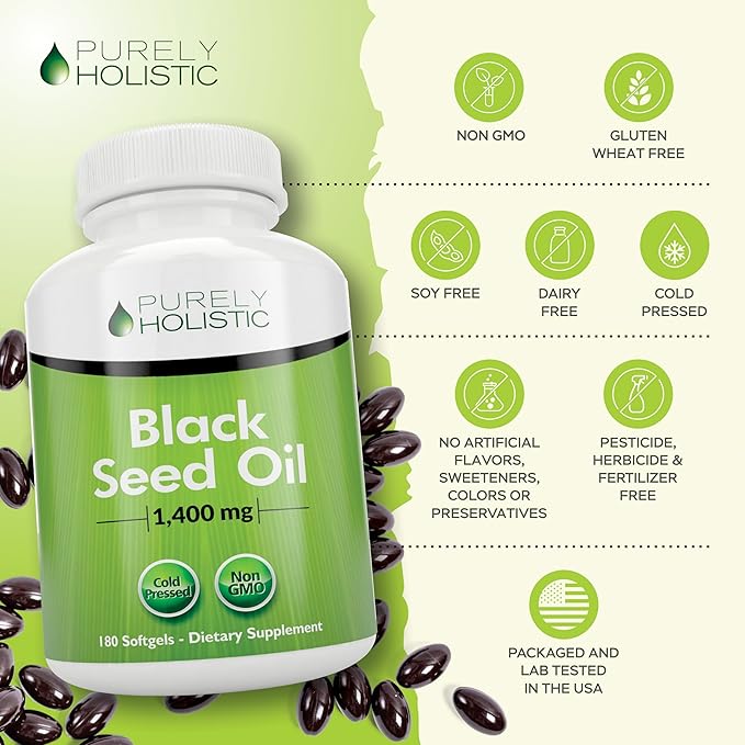 Purely Holistic Black Seed Oil Capsules 1400mg 180 Softgels 3 Month Supply - Cold Pressed Nigella Sativa Rich in Omega 6 9 &amp TQ Black Cumin Seed Oil Immune Support Joints and Digestion