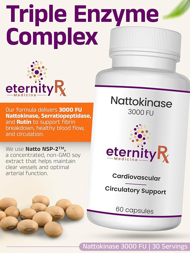Nattokinase 3000 FU + Serratiopeptidase + Rutin – Cardiovascular &amp Circulatory Support – Natto NSP-2™ Non-GMO Soy – 60 Capsules – Healthy Blood Flow &amp Arterial Function – by Eternity Medicine