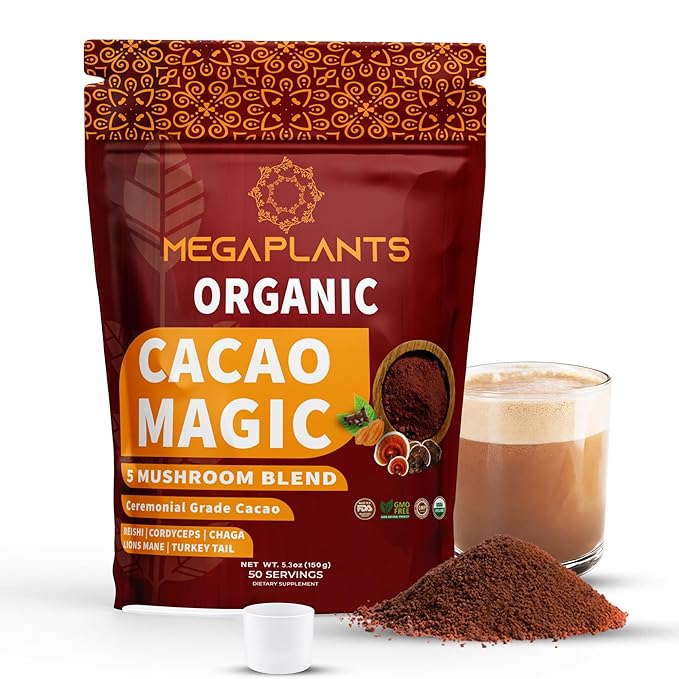 MegaPlants Cacao Magic | Superfood 5 Mushroom Blend | Lions Mane Reishi Chaga Cordyceps Turkey Tail | Smoothie Hot Chocolate Coffee Alternative