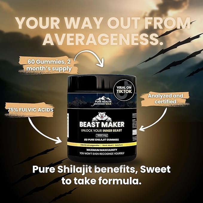 Beast Maker - Pure Shilajit Gummies for Men | Natural Himilayan Organic Shilajit Authentic Male Enhancement Supplement with Ashwagandha Black Musli Gokshura | 60 Gummies