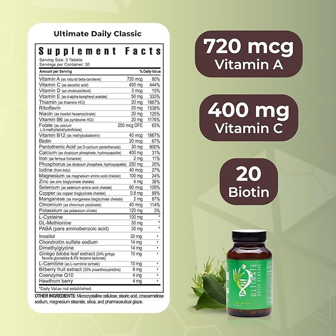 Youngevity Ultimate Daily Classic – Multivitamin with Essential Vitamins Minerals Amino Acids and Antioxidant-Rich Botanicals – Supports Cardiovascular Brain Bone and Bone Health – 90 Tablets