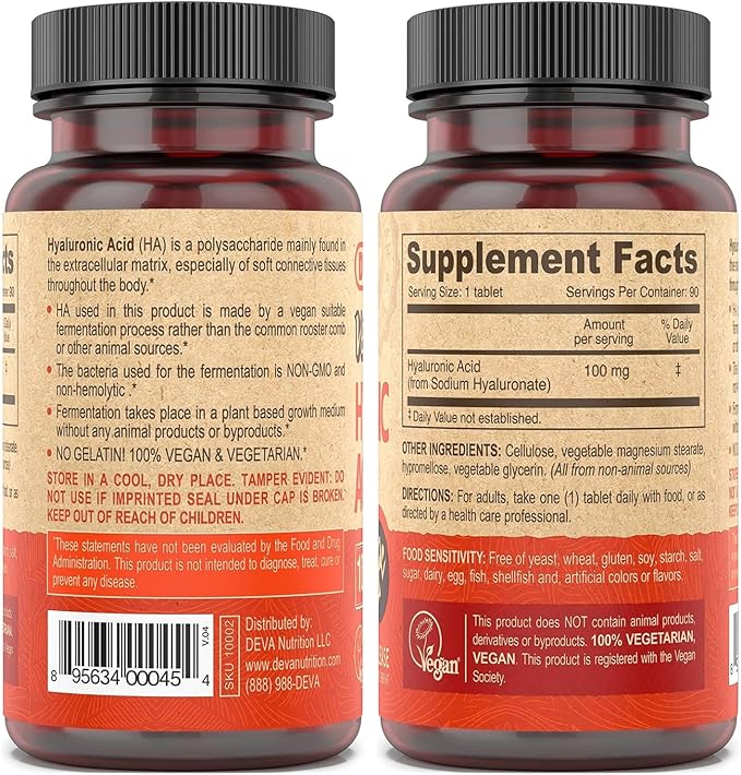 DEVA Vegan Hyaluronic Acid 100mg Tablets Slow Release 2-Pack – Non-GMO Non-Hemolytic 90 Count Ea