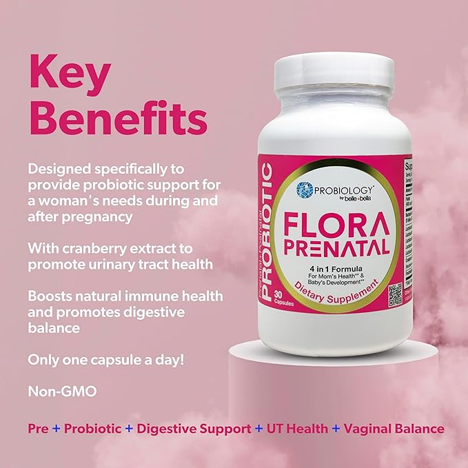 belle+bella Probiology Flora Prenatal Capsules - Dual Action Probiotic &amp Prebiotic Supplement with Folic Acid for Prenatal &amp Postnatal Women - Non-GMO Vegan &amp Gluten Free - 30 Caps