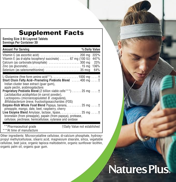 NaturesPlus GI Natural Total Digestive Wellness - 90 Bi-Layered Tablets Pack of 3 - With L-Glutamine Probiotics Prebiotics &amp Enzymes - Gluten Free - 90 Total Servings
