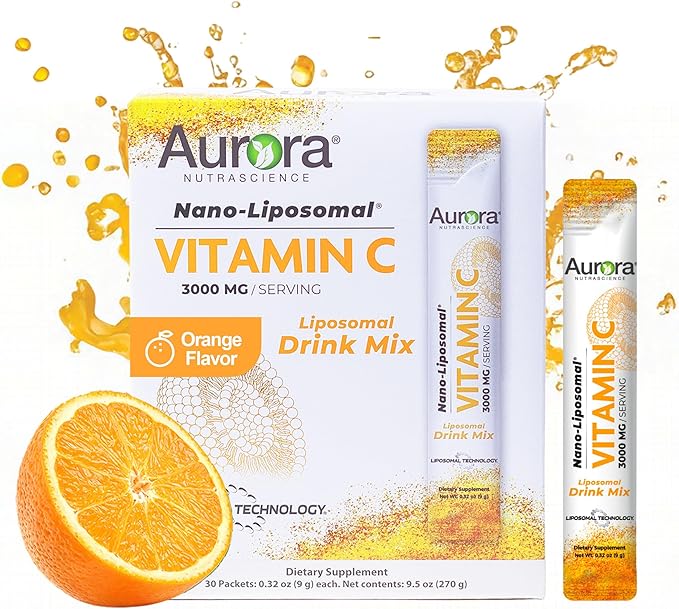 Vida Lifescience Aurora Nutrascience Nano-Pack Liposomal Vitamin C Powder Drink Mix Immune Support High Strength 3000 mg Per Serving 30 Single Serve Packets Orange