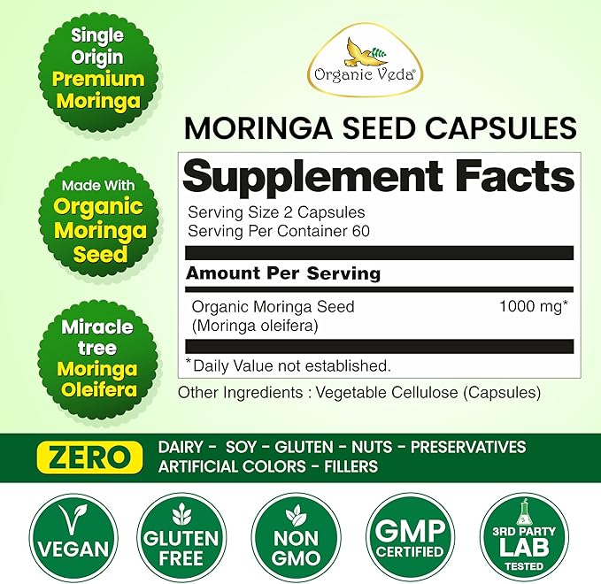 Organic Veda Moringa Seed Capsules - Omega 3 6 9 Antioxidants Vitamins Amino Protein Rich Organic Moringa Capsule - The Miracle Tree Vitality Energy &amp Focus Supplement for Men &amp Women 1