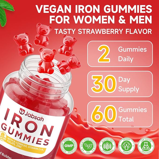 Vegan Iron Gummies for Women &amp Men Iron Supplement with B-Complex Vitamin C A Folate for Adults &amp Kids - Blood Builder &amp Energy Support &amp Immune Health - Strawberry Flavor 120 Gum