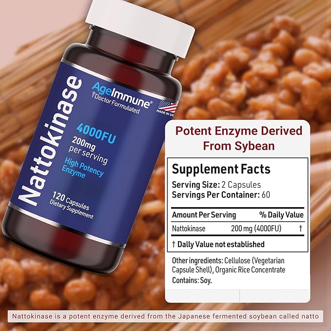 AgeImmune Nattokinase Supplement 4000 FU 200mg - Enzyme - Cardiovascular Support 120 Capsules -Derived from Japanese Natto - Made in The USA Without Magnesium Stearate.