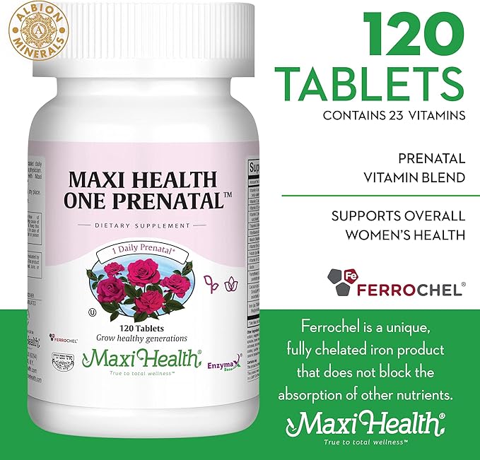 Maxi Health Prenatal Vitamins for Women – One Daily Prenatal Vitamins with Iron Folate Choline Vitamin D3 and Essential Nutrients – High Absorption Supplement – 120 Day Supply