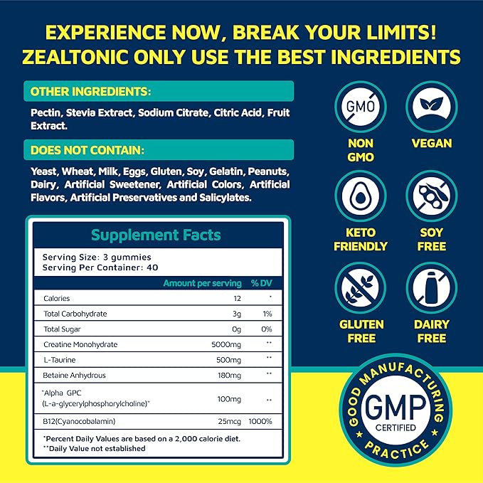 Creatine Monohydrate Gummies 5800mg with Betaine &amp Alpha GPC | 0 Sugar | Pre Workout Energy Booster for Men &amp Women | Muscle Growth &amp Boost Strength &amp Faster Recovery | (120 Pineapple