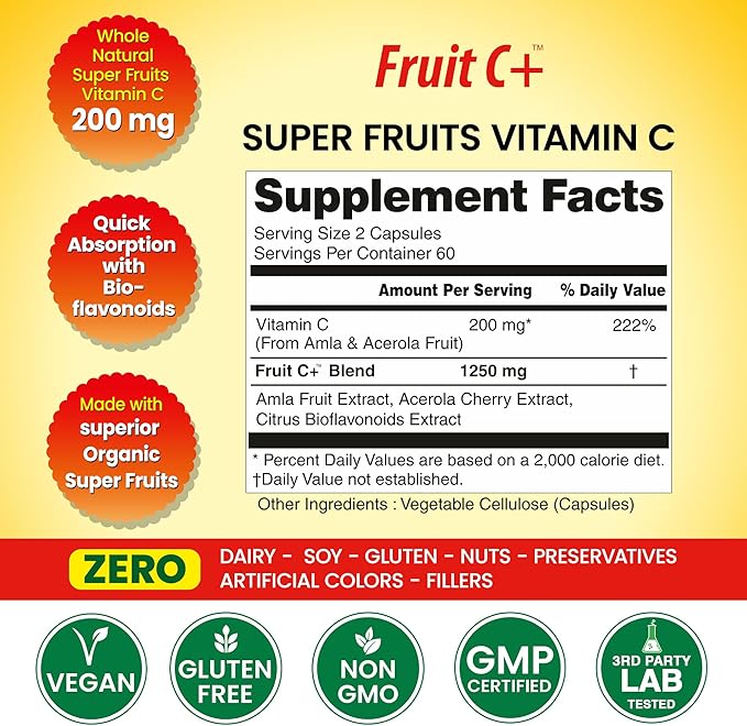 Organic Veda Fruit C+ Vitamin C Complex - 1250mg Organic Whole Food Vitamin C Supplement with Citrus Bioflavonoids Acerola &amp Amla - Daily Antioxidants Immunity Collagen Boost - 120 Vegan Capsul