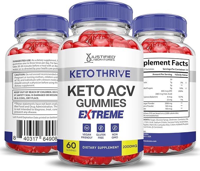 Justified Laboratories (2 Pack Keto Thrive Keto ACV Gummies Extreme 2000MG Keto Thrive Keto Gummies Apple Cider Vinegar Formulated with Pomegranate Beet Juice Powder B12 Vegan Non GMO 120 Gummys