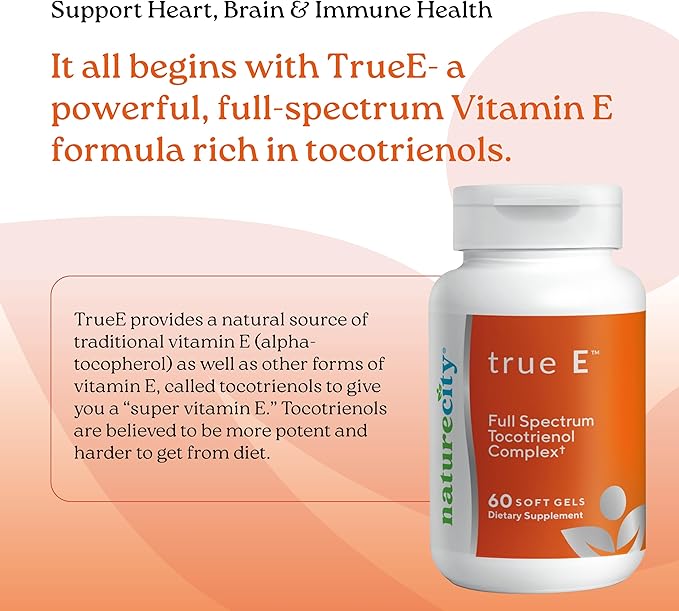 NatureCity True-E Full Spectrum Tocotrienols Vitamin E &amp Natural Alpha Tocopherol Supplement | Sustainable Vitamin E Tocotrienols from Evnol Suprabio | Non-GMO Vitamin E Complex | 60 Soft gels