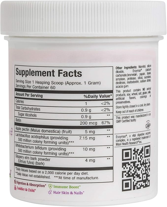 Probiotic Powder – Acidophilus &amp Bifidobacterium with Apple Pectin Slippery Elm Bark &amp Biotin – Digestive &amp Immune Support Gut Health Hair Skin &amp Nails Kids &amp Adults – Kosher