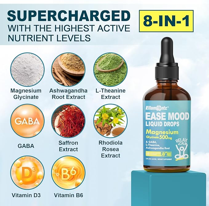 Magnesium Glycinate Liquid Drops for Kids Adults with GABA Ashwagandha L-Theanine Vitamin D3 B6 Saffron for Brain Calm Muscle Relaxation Mood Zzz- Calm Magnesium Supplement Vegan 2 Pack