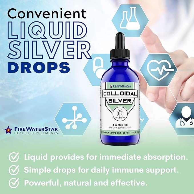 FWS Colloidal Silver Liquid Silver Drops 99.99% Pure Silver 4 oz Glass Bottle 60 Servings (2 Month Supply) 50 ppm Concentrated for Easy and Convenient Servings