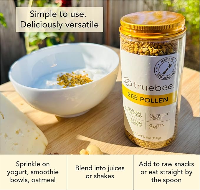 truebee Bee Pollen Granules 5.2 oz - Made in New Zealand 100% Raw Superfood with Natural Vitamins Enzymes B Vitamins Amino Acids &amp Protein – Paleo &amp Keto Friendly Gluten-Free