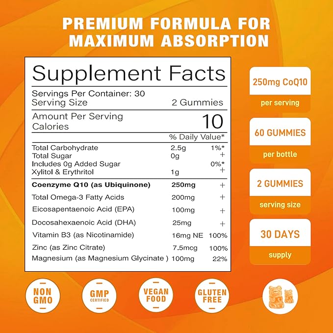 2 Pack CoQ10 Gummies Plus Omega-3 Vitamin B3 and Zinc Magnesium 5X High Absorption Coenzyme Q10 Supplements q10 for Boost Cellular Energy Potent Antioxidant &amp Brain Peach Flavor 120 Cts