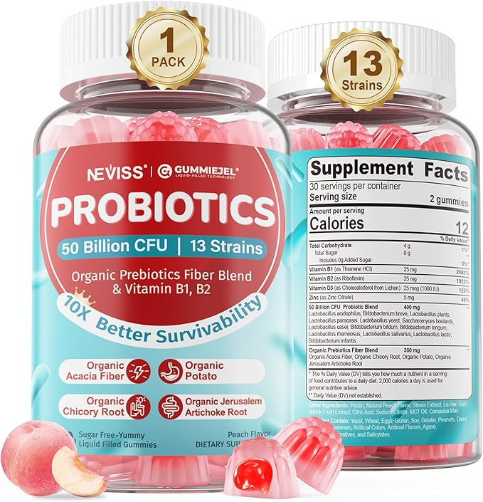 NEVISS Probiotic + Prebiotic Gummies for Adults &amp Kids 4+ Sugar Free Chewable 50 Billion CFUs w/Fiber Vitamin B1 B2 D3 &amp Zinc for Digestive &amp Gut Health Boost Microflora Diversity 60