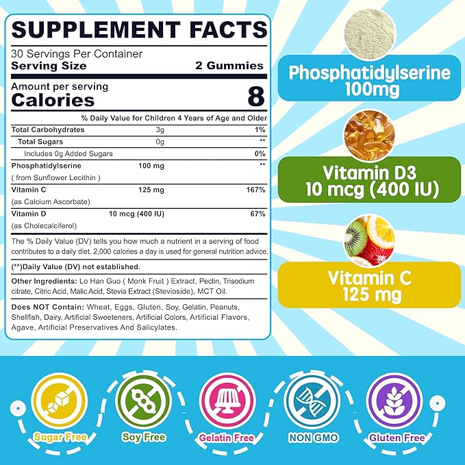 Sugar Free Phosphatidylserine Gummies for Kids + Fiber Gummies for Adults