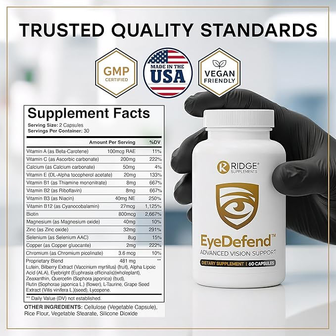 EyeDefend Vision Support Supplement – Supports Overall Vision - Lutein Zeaxanthin Bilberry Vitamin A C E &amp Antioxidants – Blue Light Defense for Eye Health &amp Visual Function – 60 Capsules