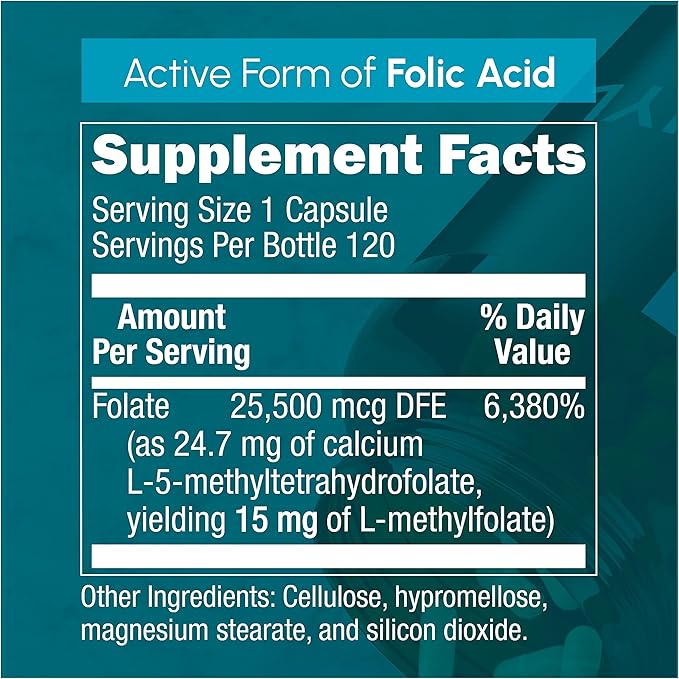 L-Methylfolate 15mg - L Methyl Folate Supplement 5-MTHF for Folic Acid Deficiency - Max Absorption and Potency - l-methylfolate 15 mg - Methyl folate 15 mg - 120 Vegan Capsules Non-GMO Gluten Free