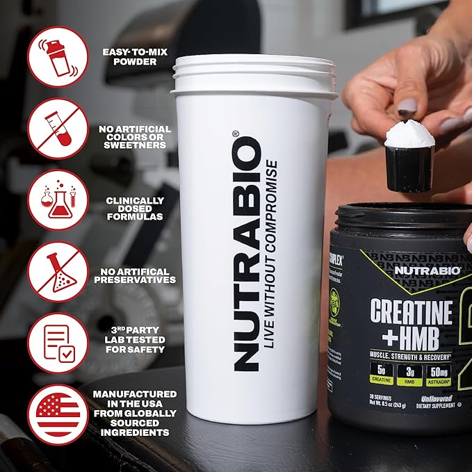 NutraBio Creatine + HMB- Creatine Monohydrate with HMB Powder for Muscle Growth Increased Strength- 30 Servings (Paradise Punch)