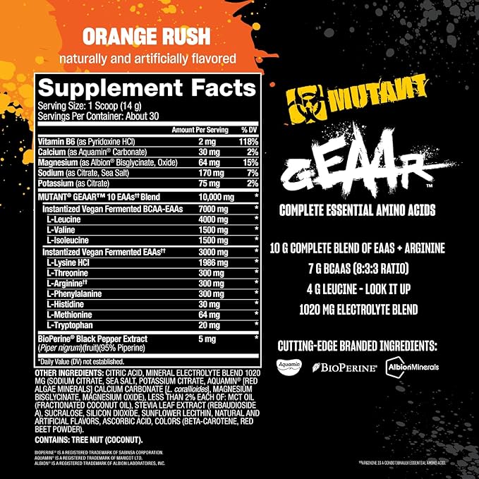 Mutant GEAAR - 9.4g of EAA Powder + Arginine 7g BCAAs 4g Leucine Electrolytes Coconut Water 30 Servings (Orange Rush)