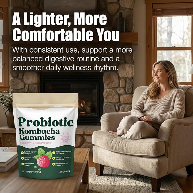 Probiotic Kombucha Gummies with Prebiotics Probiotics &amp Postbiotics – Digestive &amp Gut Health Support – Daily Balance Bloating Comfort &amp Microbiome Support – Vegan Non-GMO 60 Gummies