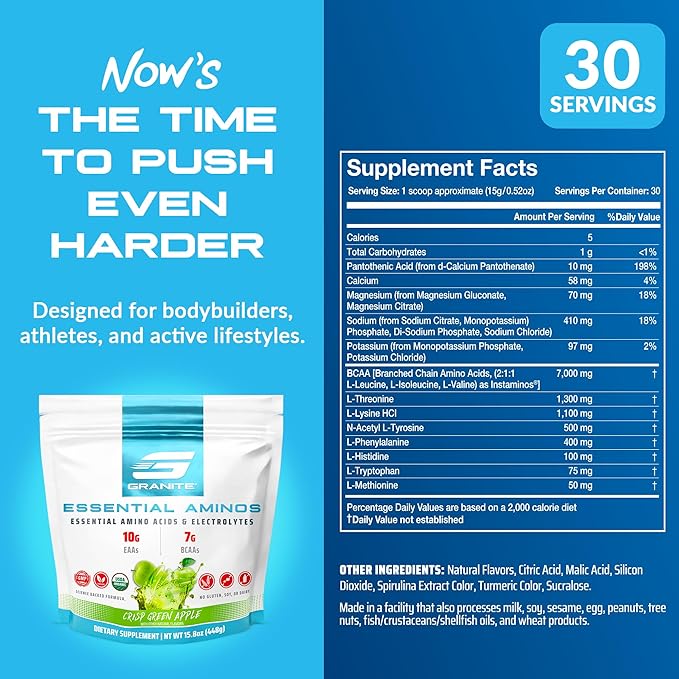 Granite Essential Amino Acids Powder Green Apple Flavor with 10g EAAs and 7g BCAAs Supports Muscle Recovery &amp Growth Soy-Free Gluten-Free (30 Servings)
