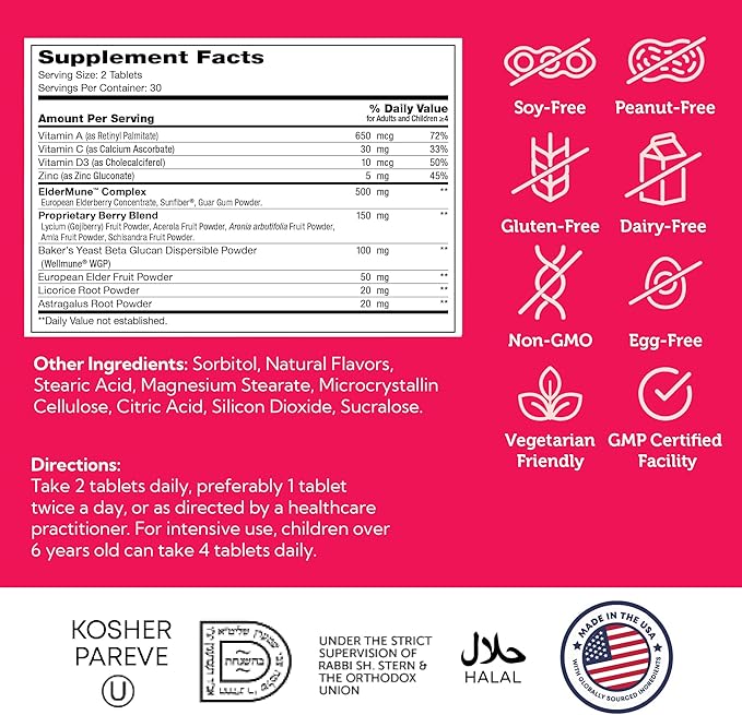 Zahler Kids Immune Support Supplement with Elderberry Zinc and Vitamin C D3 A - Grape Flavored Chewable Tablets - Kosher Children's Immune Support for Kids Ages 4 and Up 60 Count
