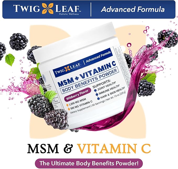 Twig &amp Leaf MSM + Vitamin C Powder – MSM Powder for Hair Growth Nails &amp Joint Support – MSM Powder Supplement - Non-GMO Gluten Free – 30 Servings - 7.9 oz