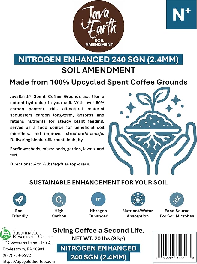 Nitrogen Enhanced 240 SGN (2.4MM) - JavaEarth® Soil Amendment Upcycled Spent Coffee Grounds 20 lbs