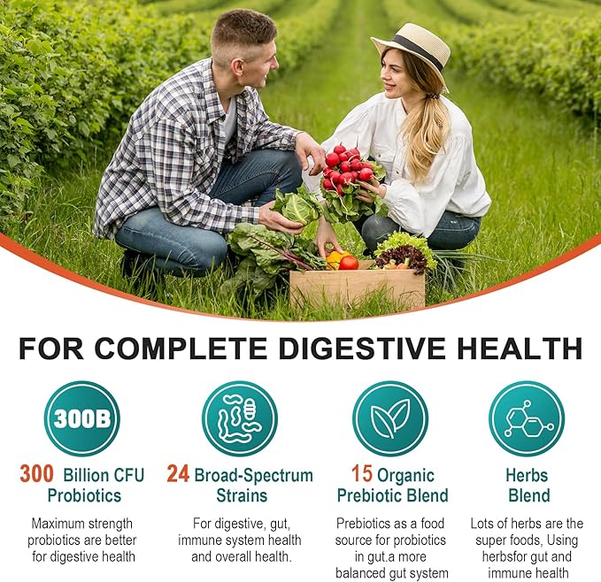 Probiotics for Women &amp Men - 300 Billion CFU 24 Strains Probiotic + 15 Organic Herbs Prebiotics Blend for Overall Digestive Gut Health Immune Constipation &amp Bloating Shelf Stable - 4 Mont