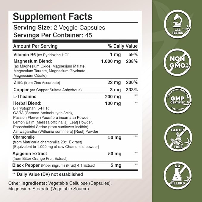 Gade Nutrition Magnesium Glycinate &amp Magneisum Supplements with Apigenin L Theanine 200 mg 5 HTP GABA Calm Brain Booster Supplement Sleep Aid Ashwagandha L Tryptophan Chamomile