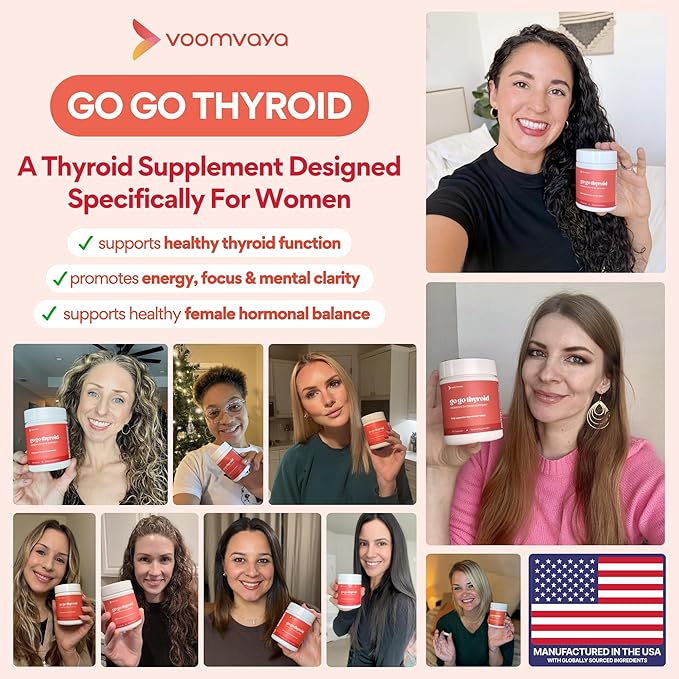 VoomVaya Go Go Thyroid - Thyroid Support for Women 30+ - Female-Focused Hormonal Balance &amp Thyroid Supplement with Iodine Selenium &amp L Tyrosine - 3rd Party Tested - 60 Capsules