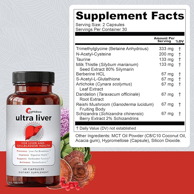 UpWellness Ultra Liver Supplement for Liver Support and Gallbladder Support - Powered by TMG NAC Milk Thistle and More - Liver Cleanse Detox &amp Repair - 60 Capsules - 3 Pack
