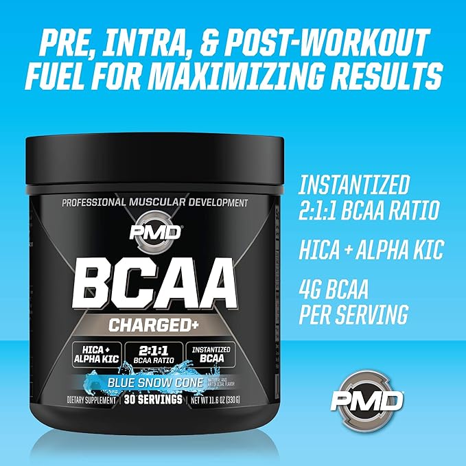 PMD Sports BCAA Charged Delicious Amino Acid Drink Mix for Performance Recovery Endurance and Hydration - Increase Muscle Function for Workout and Daily Energy – Blue Snow Cone (30 Servings)
