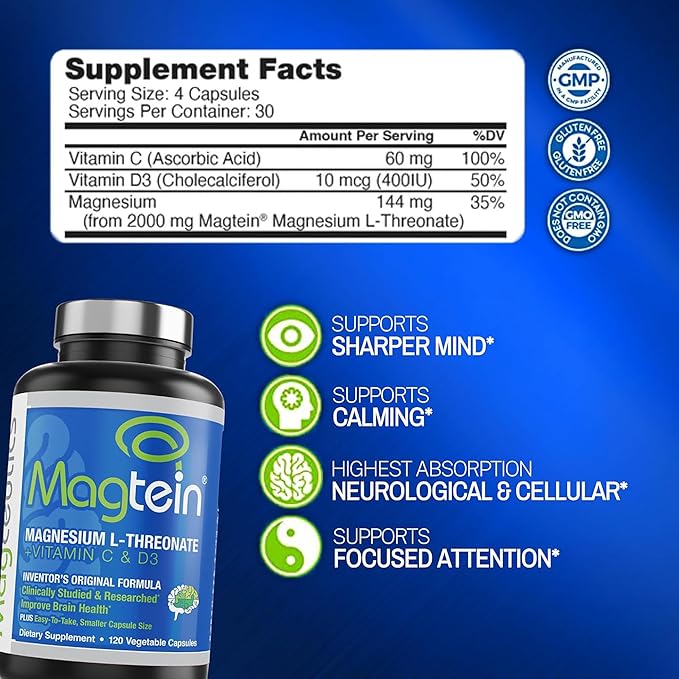 Magtein Magnesium L-Threonate to Improve Cognition Focus Memory Sleep Quality and Brain Health with Small Caps - 120 Vegetable Capsules