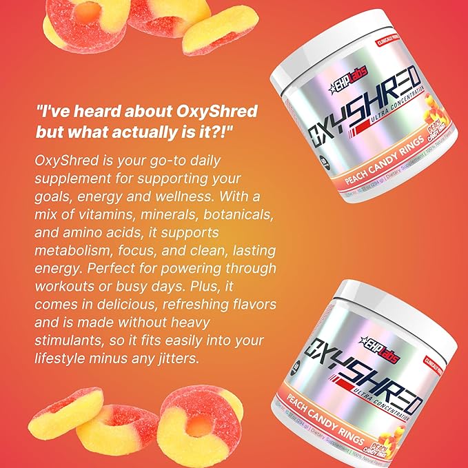 EHP Labs OxyShred Pre Workout Powder - Preworkout Powder with L Glutamine &amp Acetyl L Carnitine Energy Boost Drink - Peach Candy Rings 60 Servings