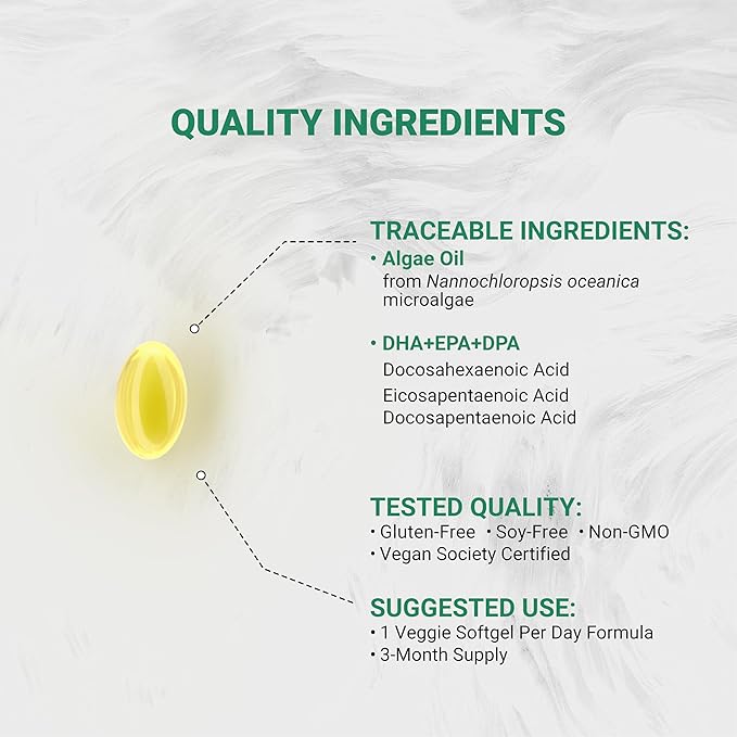 Naturalis Double Strength Vegan Omega 3 DHA EPA &amp DPA from Microalgae | Vegan Society Certified Sustainably Sourced True Full Spectrum | 90 Veggie Softgels (Carrageenan Free)