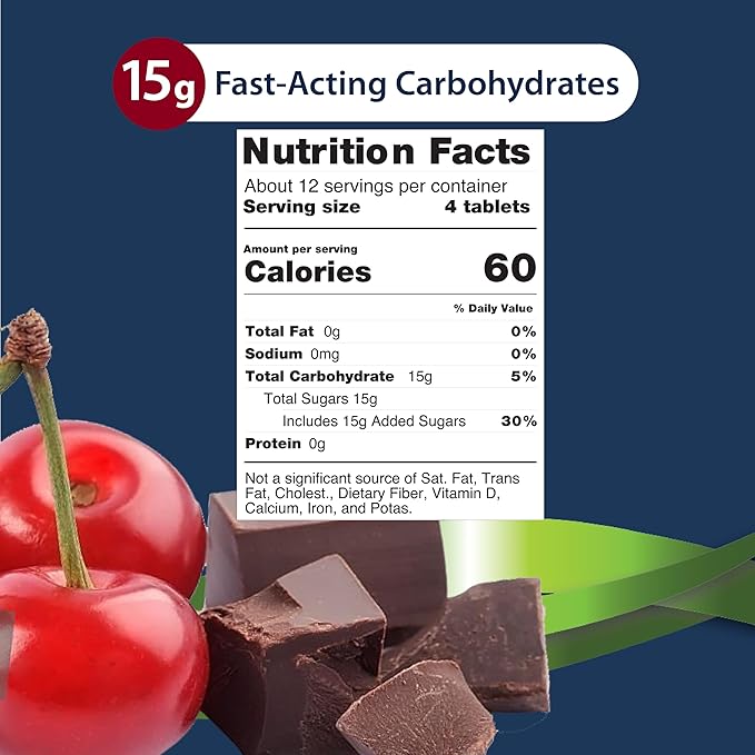 TRUEplus Glucose Tablets Chewable Cherry Chocolate Flavor 15g Fast-Acting Carbohydrates Dye Free Gluten Free No Fat Raise Low Blood Sugar and Boost Energy 50 Count 12 Bottles