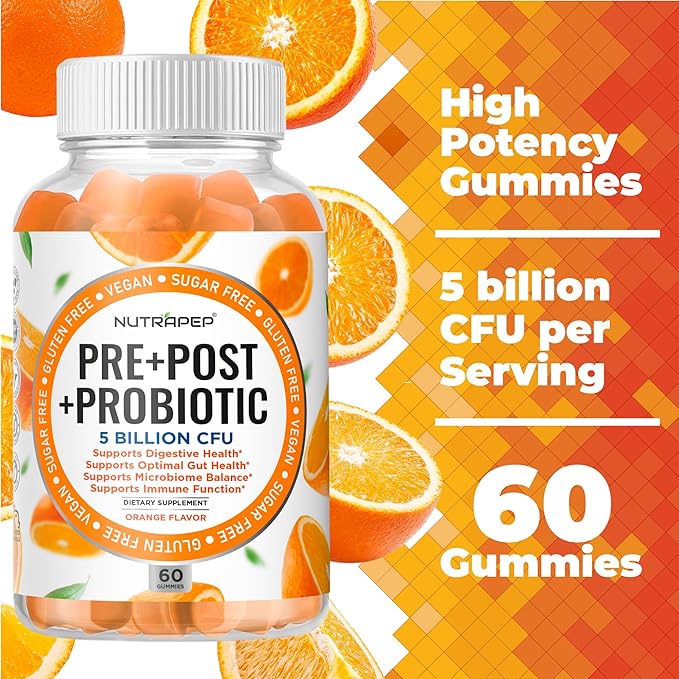 Prebiotic Probiotic &amp Postbiotic Gummies for Women Men &amp Kids Children - High Potency 5 Billion CFU - Sugar-Free &amp Gluten Free